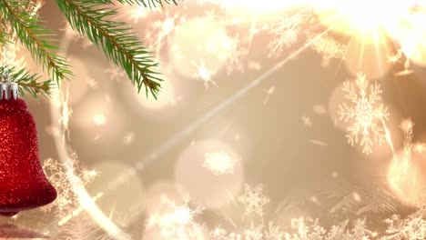 Animation-of-christmas-decorations-over-snow-falling-light-spots-on-yellow-background