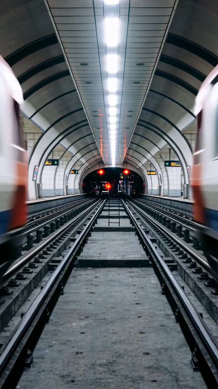 Video verticale: Treni in transito che sfocano i binari in una stazione della metropolitana mentre entrano in galleria, luce rossa