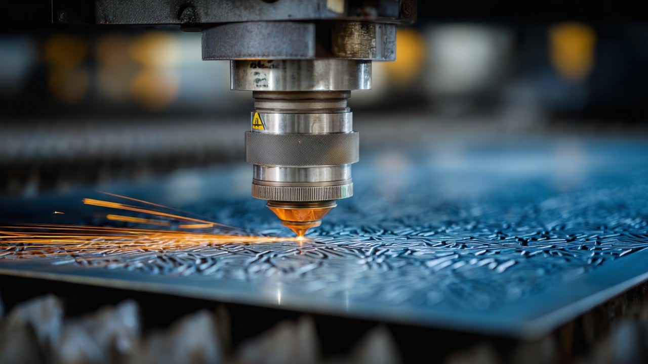 Precision Laser Cutting Process: Industrial Technology with an Emphasis on the Laser Beam Interaction with Metal, Showcasing Detail, Sparks, and Machinery in Action
