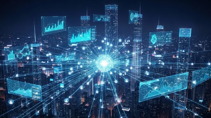 Uno sguardo all'innovazione digitale: esplorando l'intersezione dinamica tra visualizzazione dei dati e architettura urbana in un paesaggio urbano futuristico.