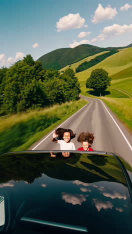 joyful road trip with friends through scenic mountains