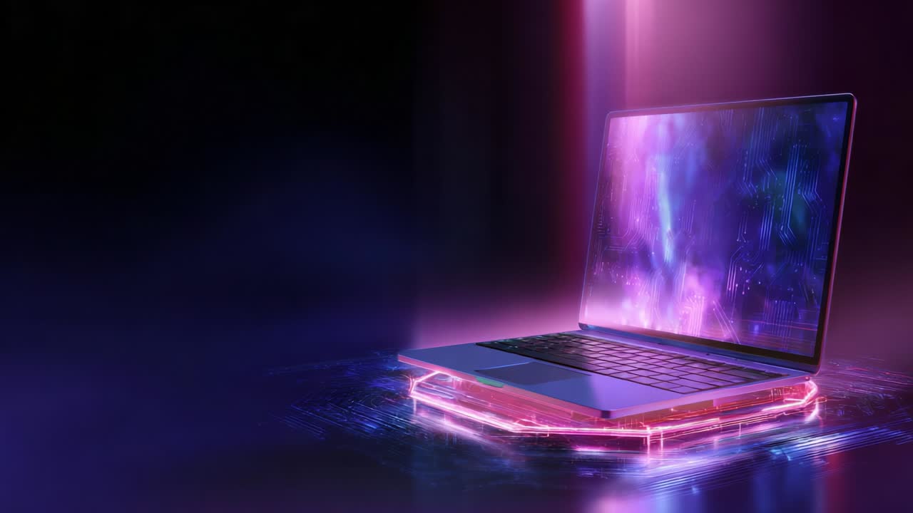 Futuristic Laptop Displaying Vibrant Digital Interface Against a Mystical Background with Glowing Circuitry Elements, Representing Advanced Technology and Imagination, Perfect for Sci-Fi and Tech Enthusiasts