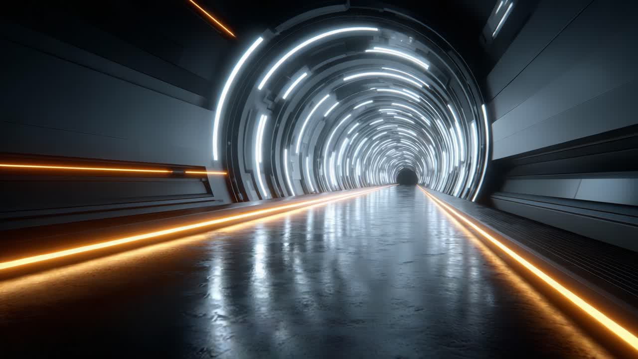 A captivating view into a futuristic tunnel illuminated by glowing lights, showcasing sleek design and reflective surfaces, creating an intriguing atmosphere of mystery and anticipation