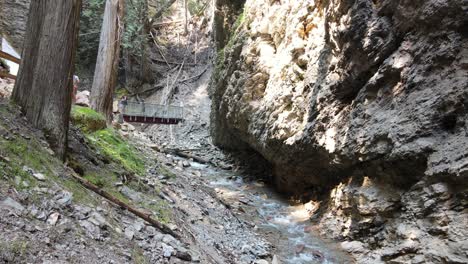 tourists walking across a bridge at the bottom of margaret falls in the scenic and popular herald provincial park in british columbia, canada