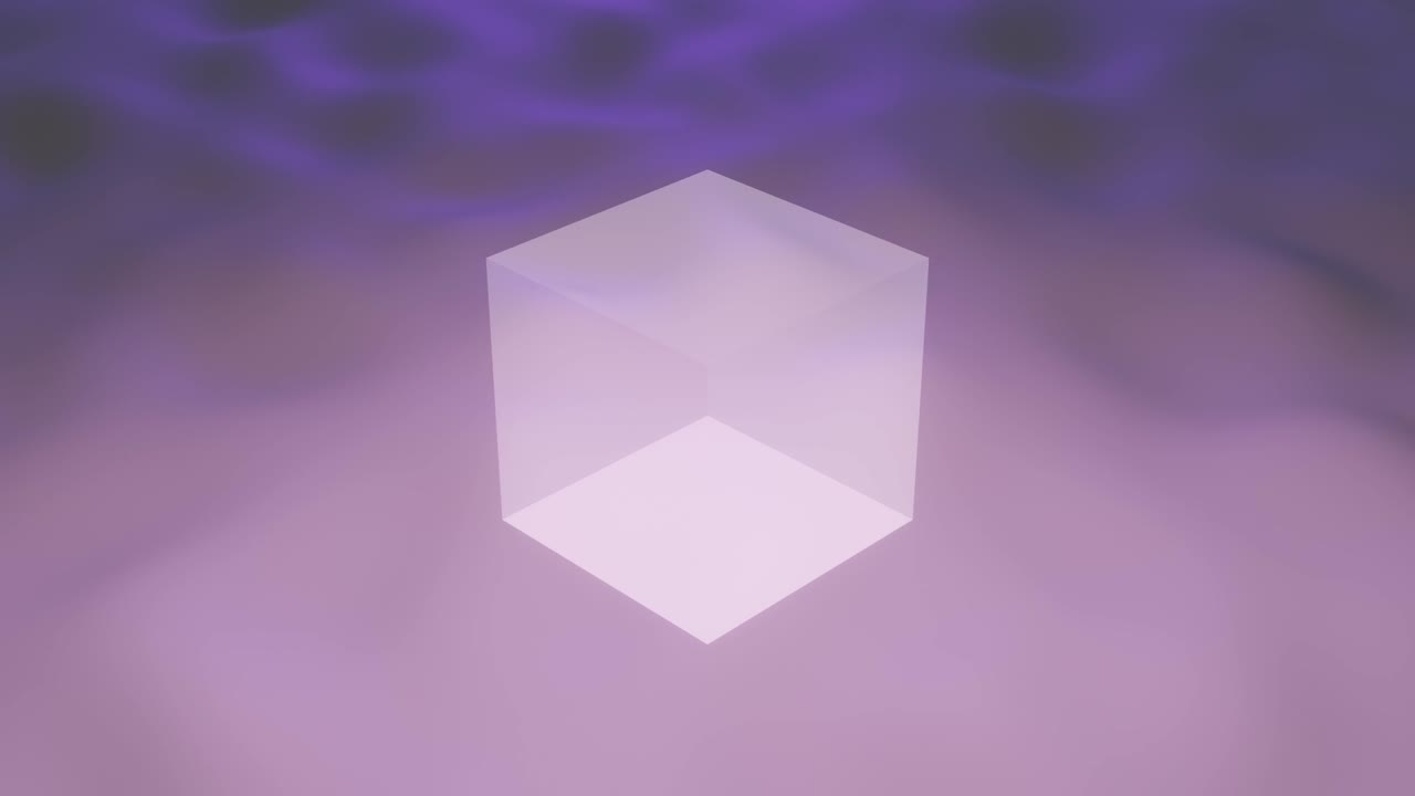 White transparent glowing box floating above a wavy surface. Seamless loop concept motion graphics animated object