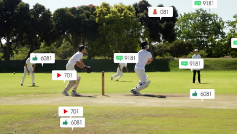 animación de iconos de las redes sociales con números crecientes sobre diversos jugadores de cricket masculinos