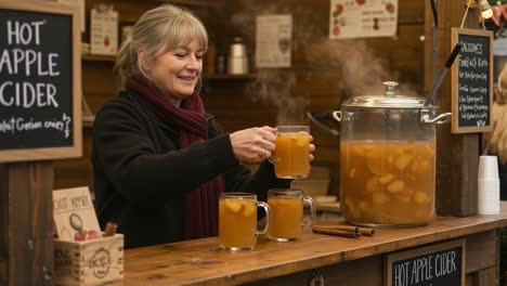 a warm welcome: a friendly vendor serves delicious hot apple cider at a cozy market stall, creating a comforting atmosphere for visitors to enjoy a taste of fall