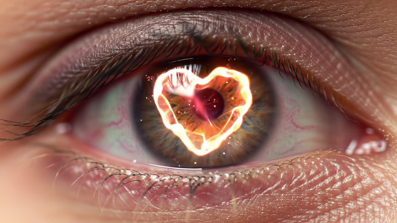 A Captivating Glimpse into the Soul: An Eye with a Heart Shaped Fire Emblem Symbolizing Passion, Emotion, and Connection in a Stunning Close-Up View