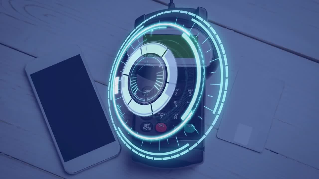 Animación de escaneo sobre smartphone y terminal de pago