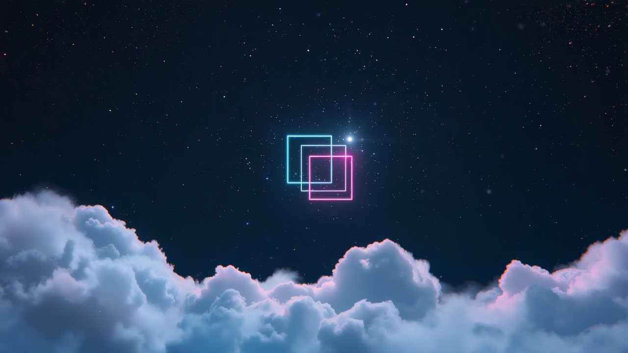 Emerging overlapping neon squares above clouds under stars emitting sparks, pink rim as logo reveal