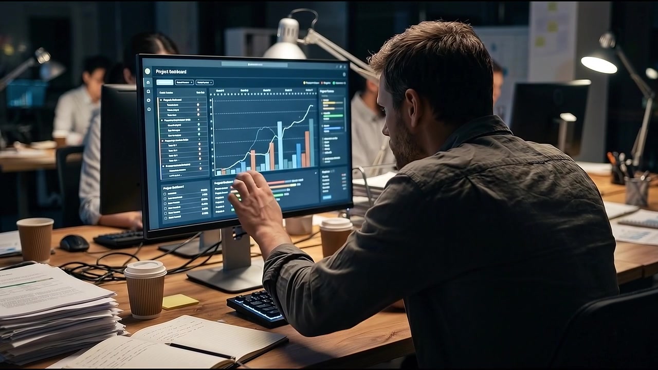 Focused Professional Working on Project Dashboard in Modern Office at Night