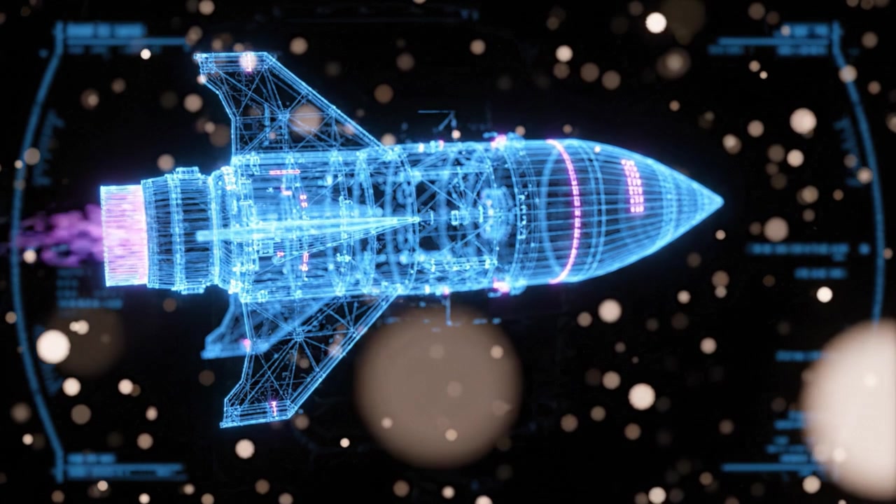 Futuristic Rocket Design in a Technological Space Environment: A High-Tech Concept of Space Travel and Exploration Demonstrated with a Wireframe Model