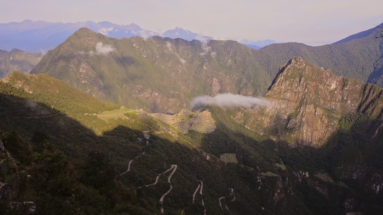The Beautiful Andes Mountains In The Sun Gate With The Long Inca Trail Located In Machu Picchu, Peru. -wide shot