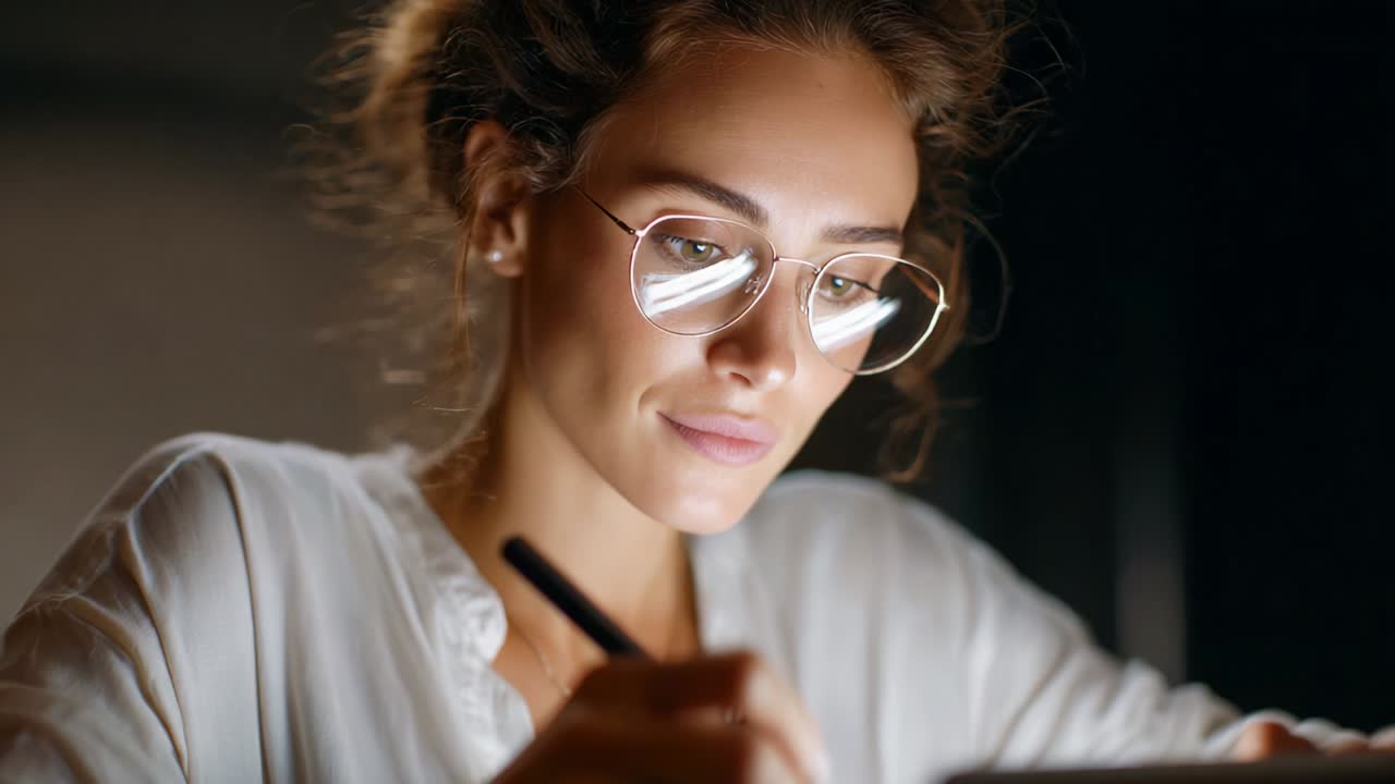 Una giovane donna concentrata sul suo lavoro, che mostra concentrazione e dedizione mentre scrive e crea in un ambiente scarsamente illuminato, evidenziando la bellezza della produttività e della creatività in uno spazio di lavoro moderno