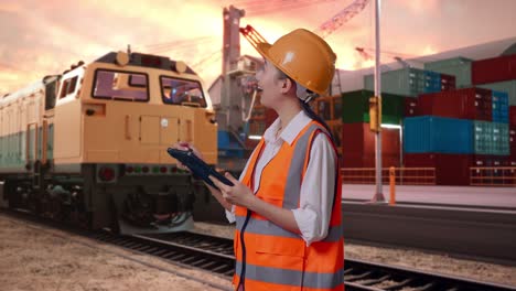 side view of asian female engineer with safety helmet taking note on the tablet and looking around with freight cargo train at port
