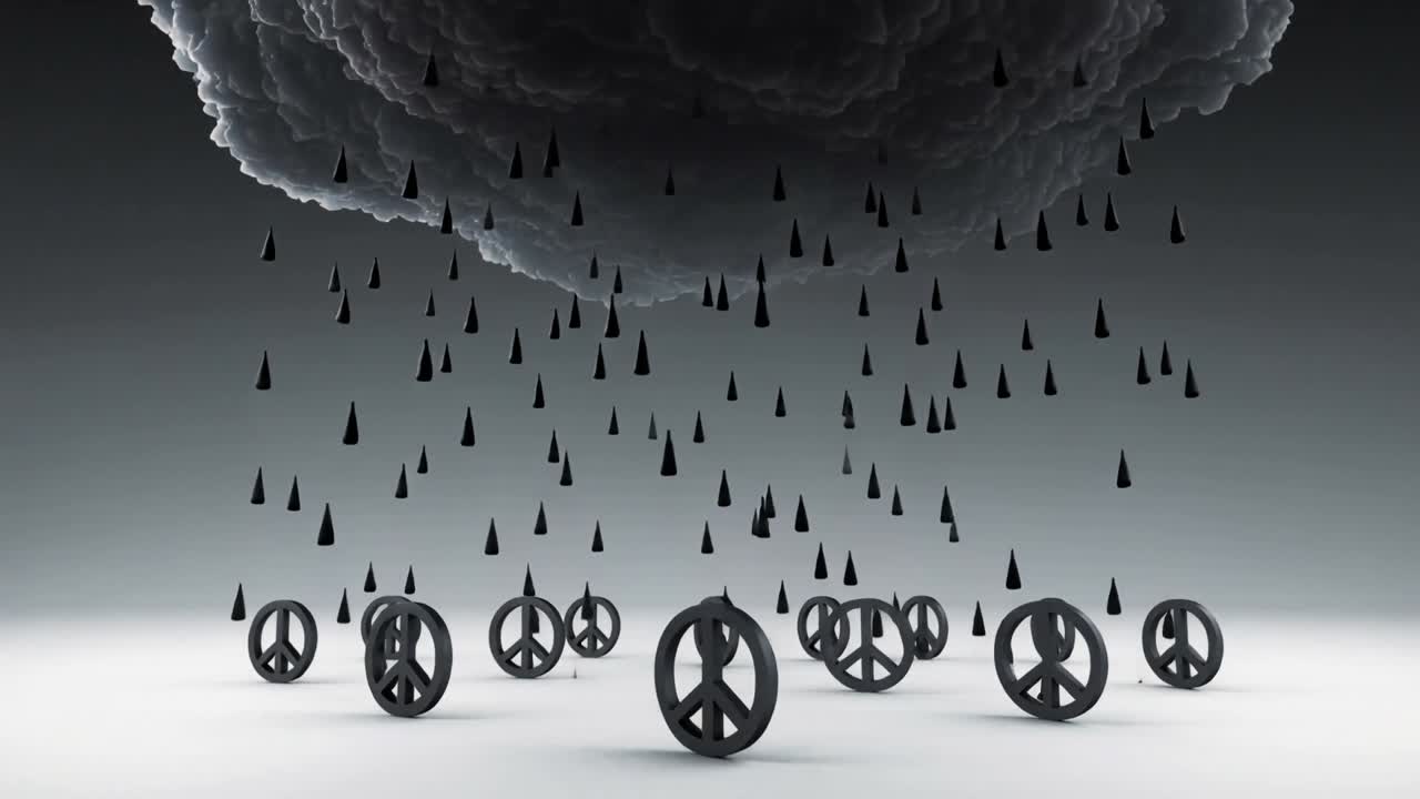 曇り空の暗く質感のある雲が、淡い地面の上に円錐形の物体を生み出し、それが直立した平和の円盤を形成している。