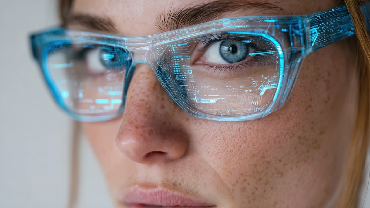 Futuristic Eyewear Showcasing Augmented Reality Effects on a Close-Up Face with Display Technology in Glasses Highlighting Innovative Design and Concept
