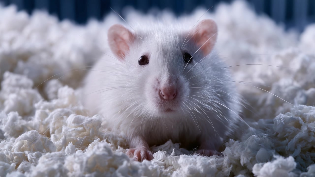 Un sereno topo bianco in un nido accogliente di morbida lettiera: Cattura la calma bellezza di un adorabile animale domestico mentre esplora curiosamente l'ambiente confortevole che lo circonda