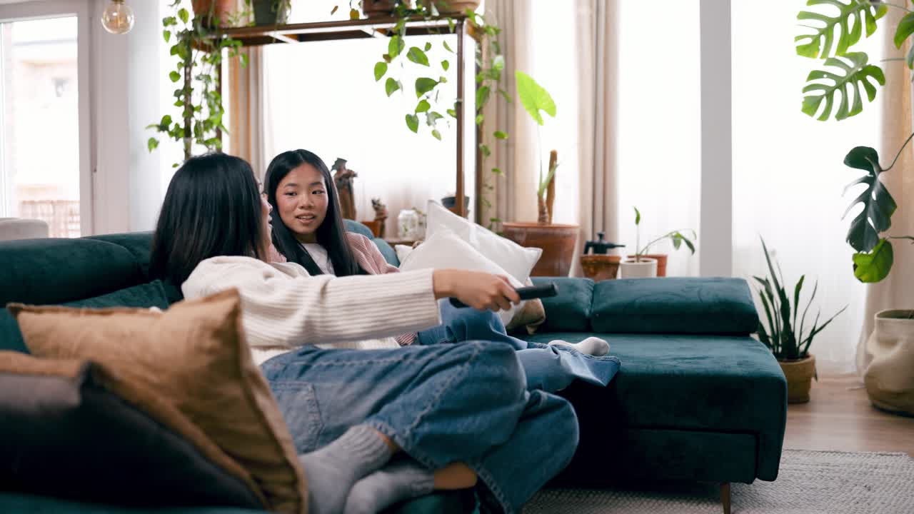 Two Young Women Relaxing on Sofa and Watching TV at Home