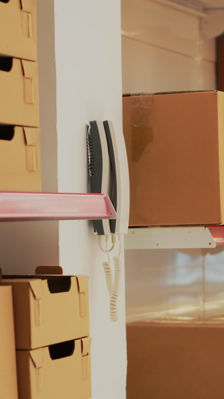 Vertical video: Empty warehouse with landline phone on wall