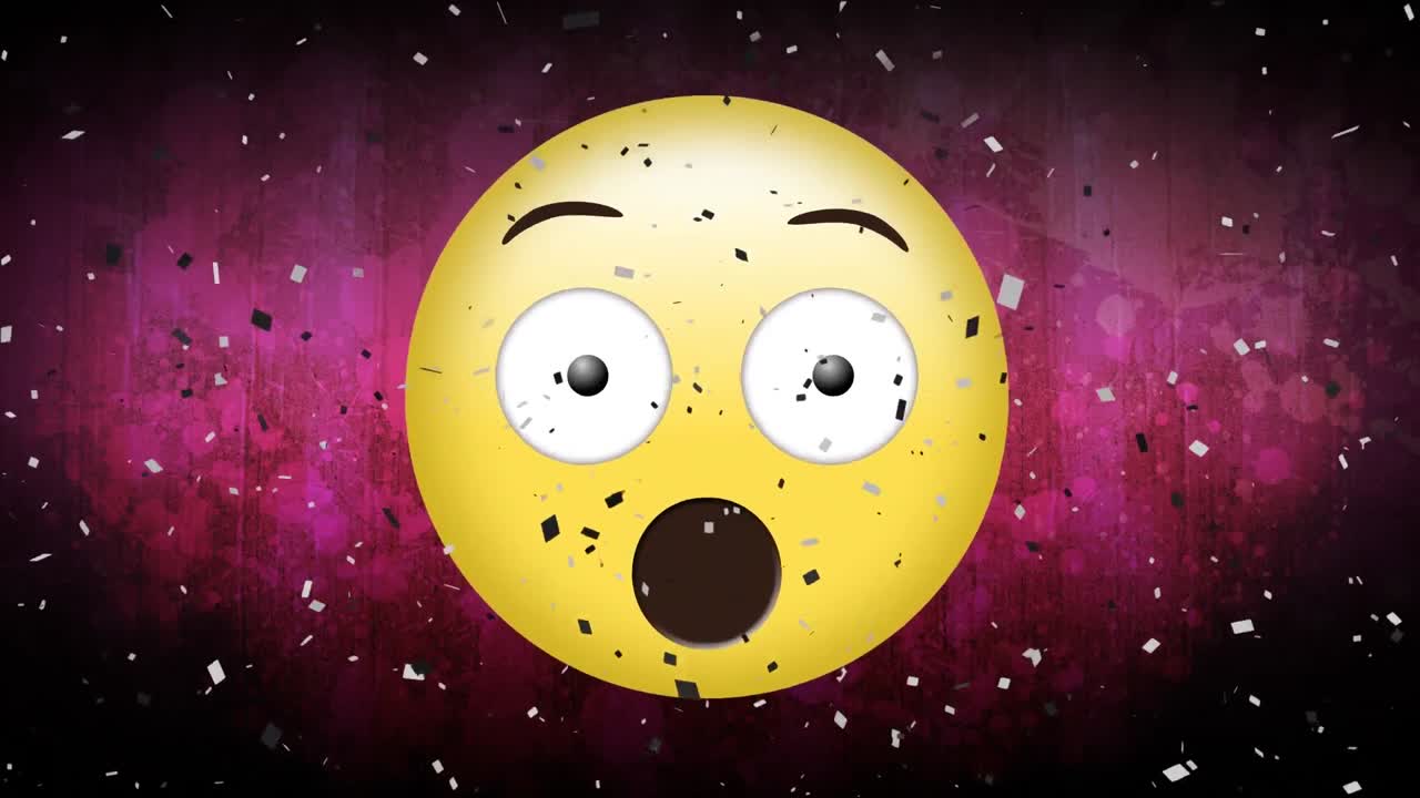 animación de confeti cayendo sobre un emoji sorprendido en un fondo de viñeta roja
