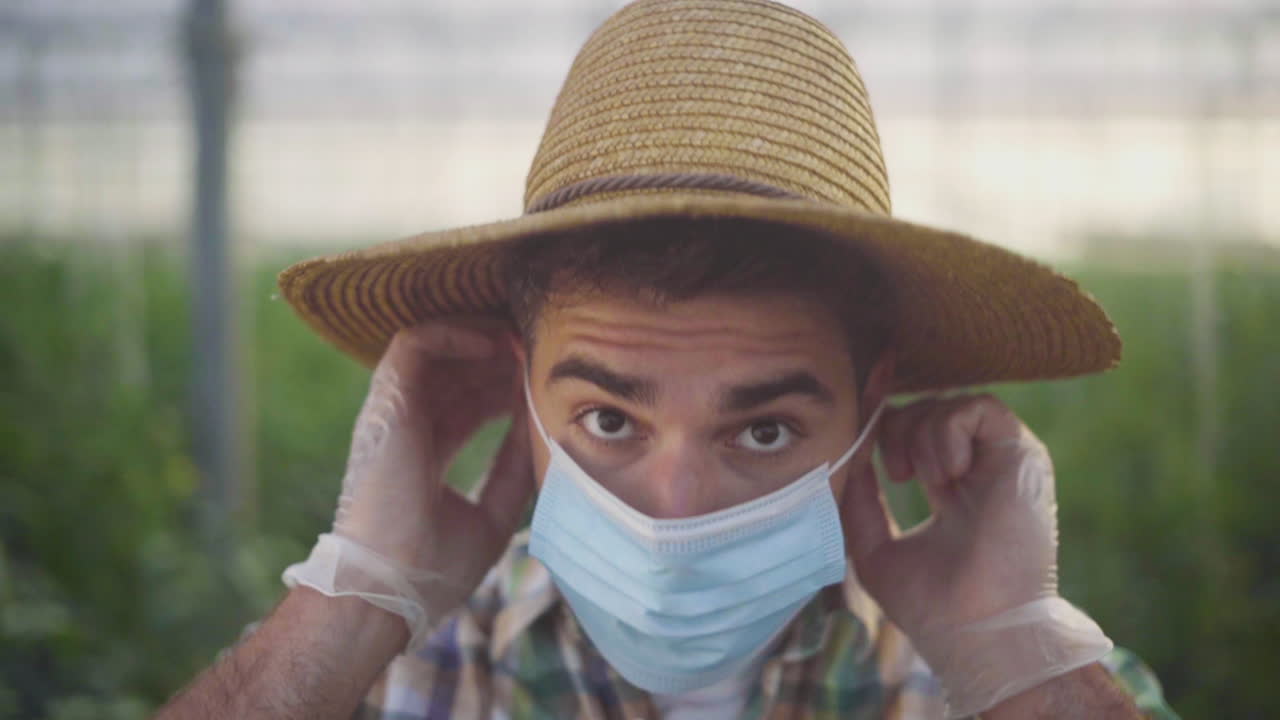 Farmer in Greenhouse Wearing Protective Mask and Gloves