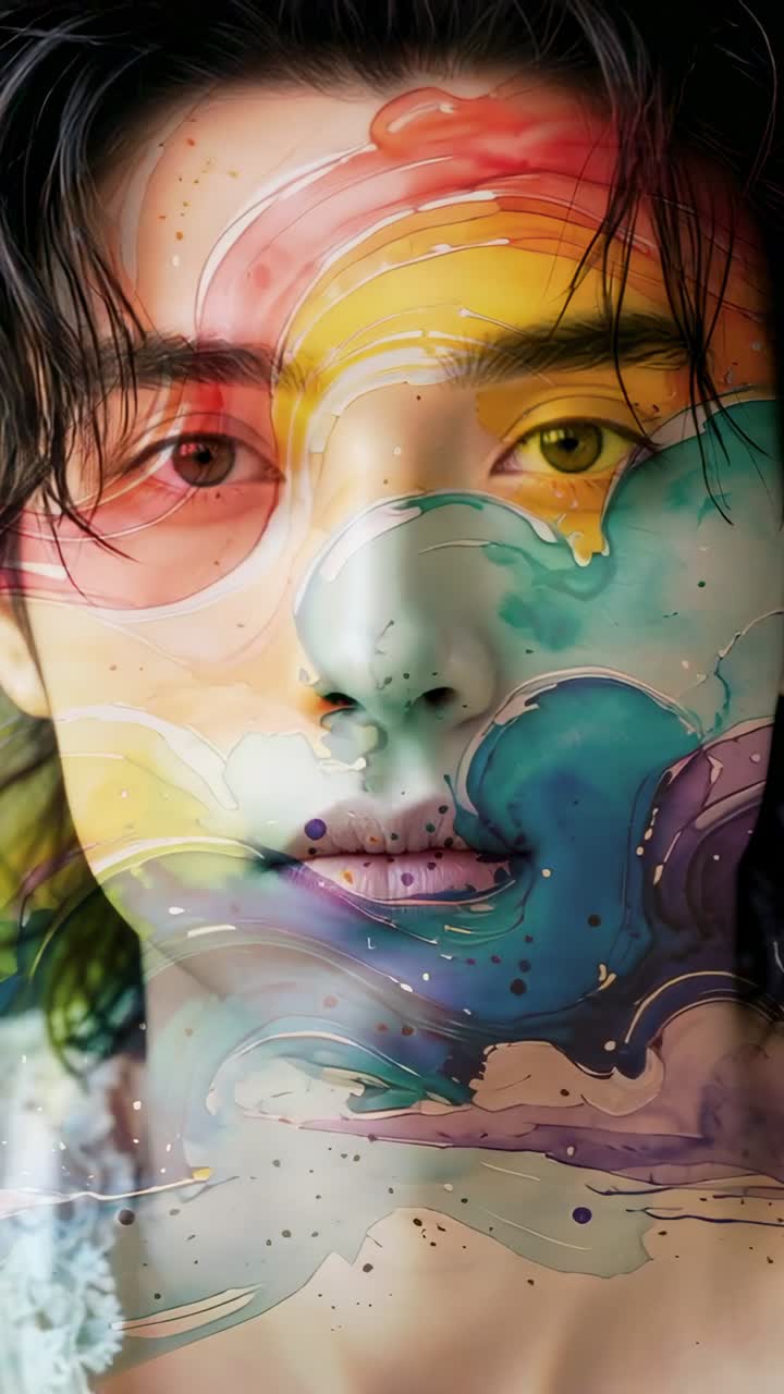 Vertical video: Watercolor washing Asian man in studio, lifting eyelids and revealing intense gaze