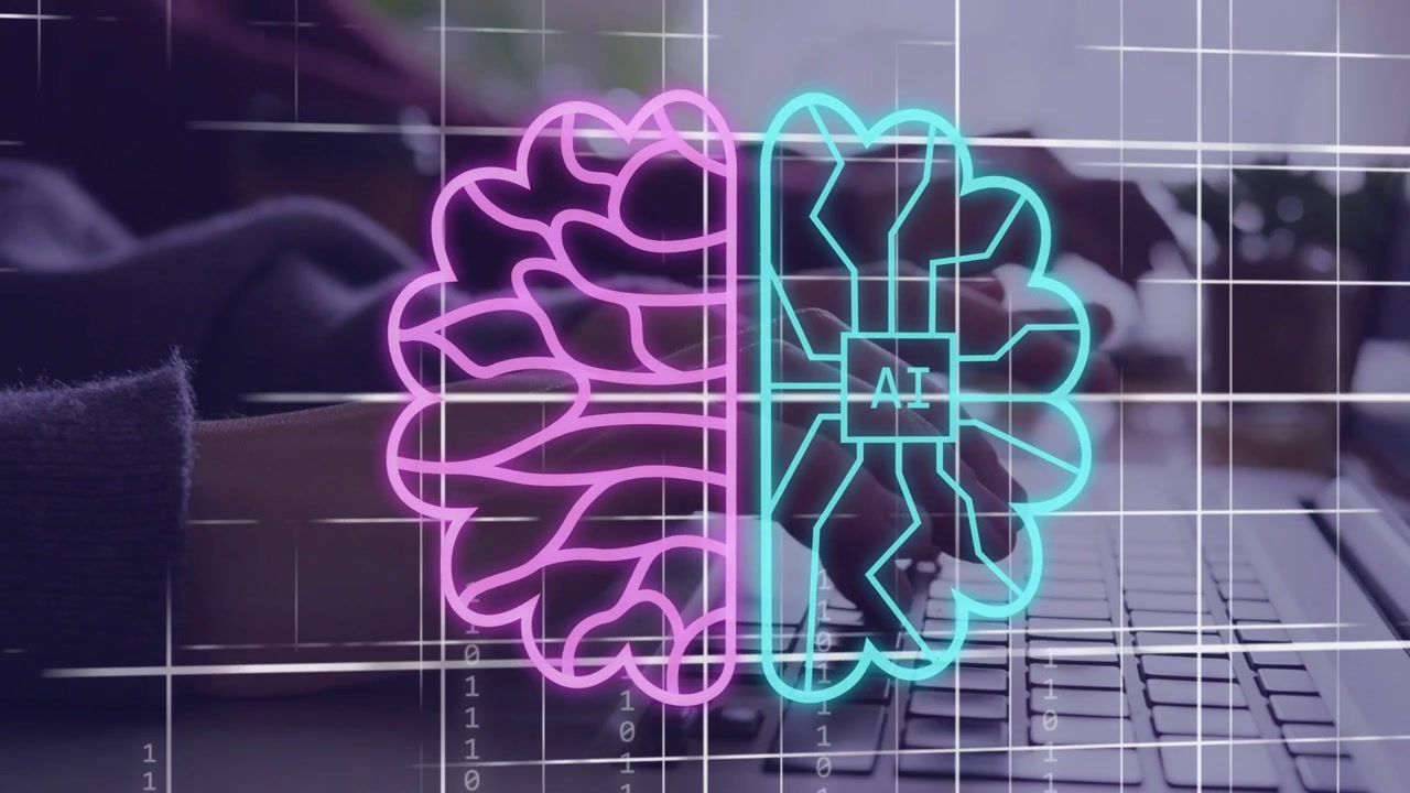 Hands typing on laptop keyboard, initiating pink stroke, cyan stroke forming brain and AI analytics