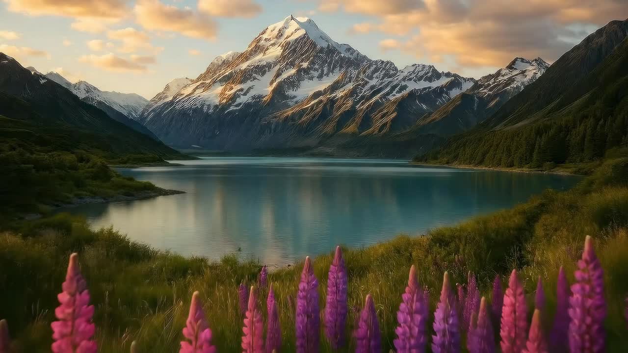 A stunning wide-angle video of a serene lake with purple flowers and majestic mountains