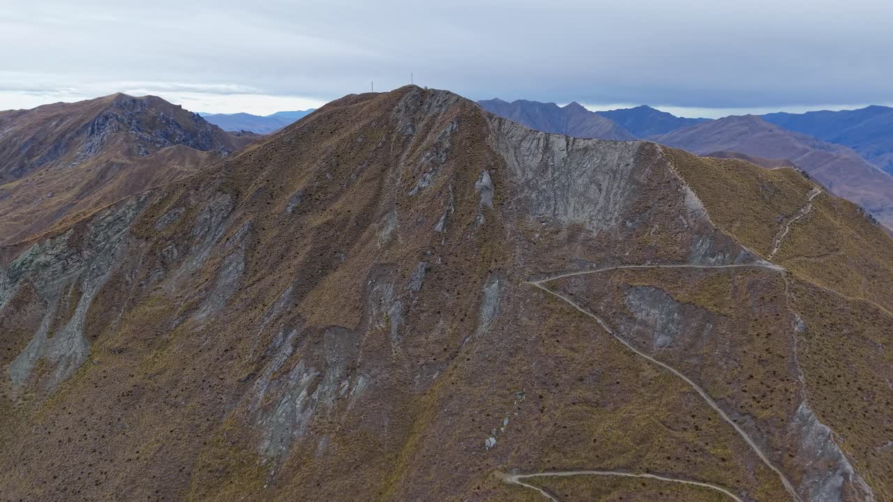 Aerial view of Roys Peak summit, popular hiking track in Wanaka, New Zealand