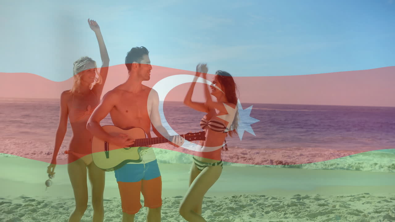 Waving Azerbaijan flag, child running on beach with animation overlay