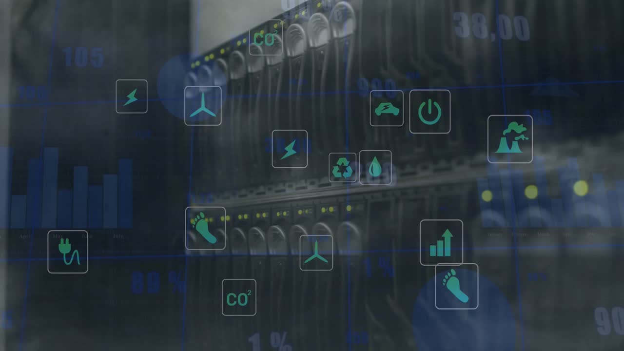 Animation of icons and data processing over server room