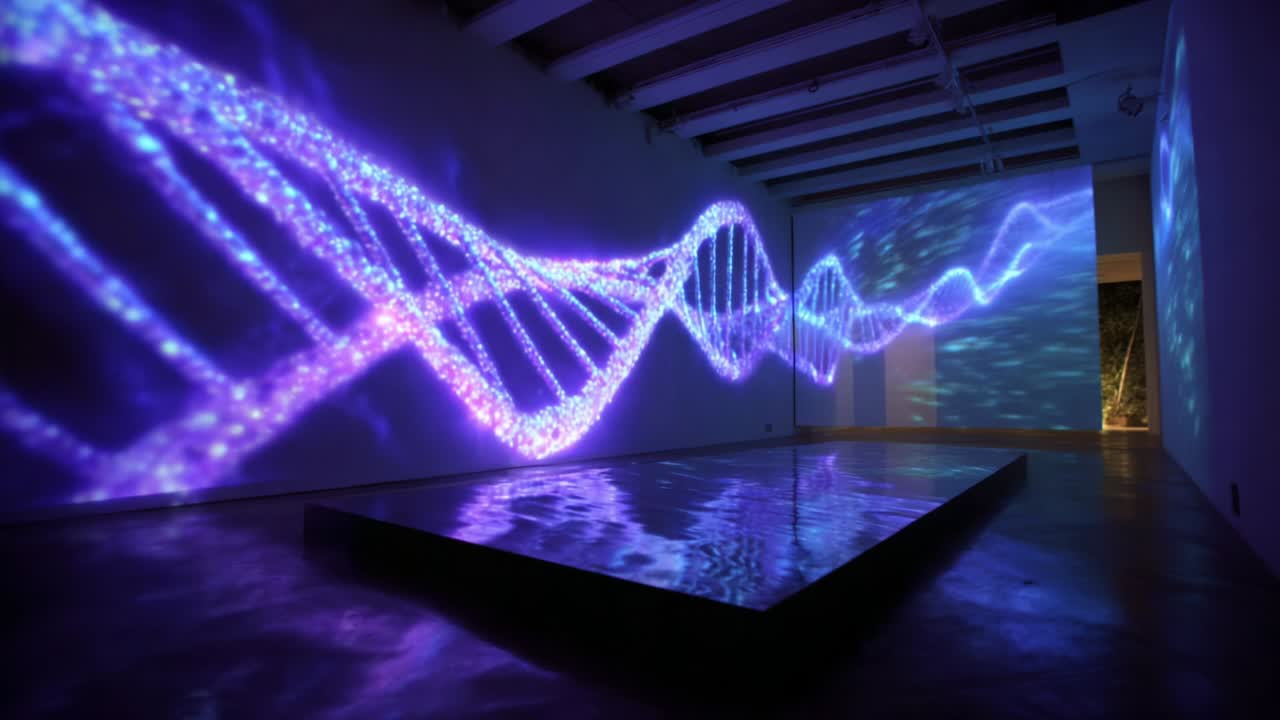 A mesmerizing visualization of DNA strands illuminated by vibrant purple light, creating a captivating atmosphere in an art installation that blends science and creativity, enhancing the viewer's experience within space