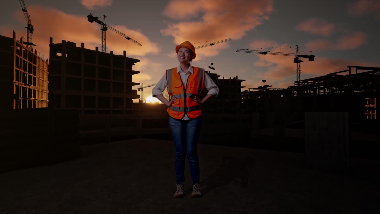 Full Body Of Asian Female Engineer Wearing Safety Helmet Looking Around While Standing With Arms Akimbo At Construction Site in Progress to New House