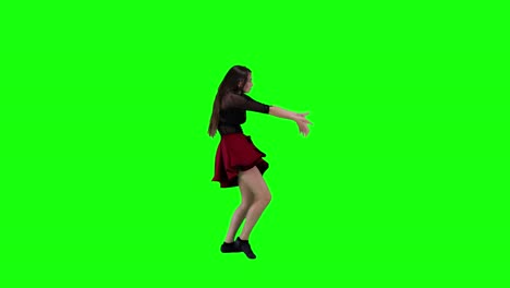 Impresionante-Bailarina-Bailando-Con-Un-Vestido-Rojo-Frente-A-Una-Tecla-Cromática-De-Pantalla-Verde