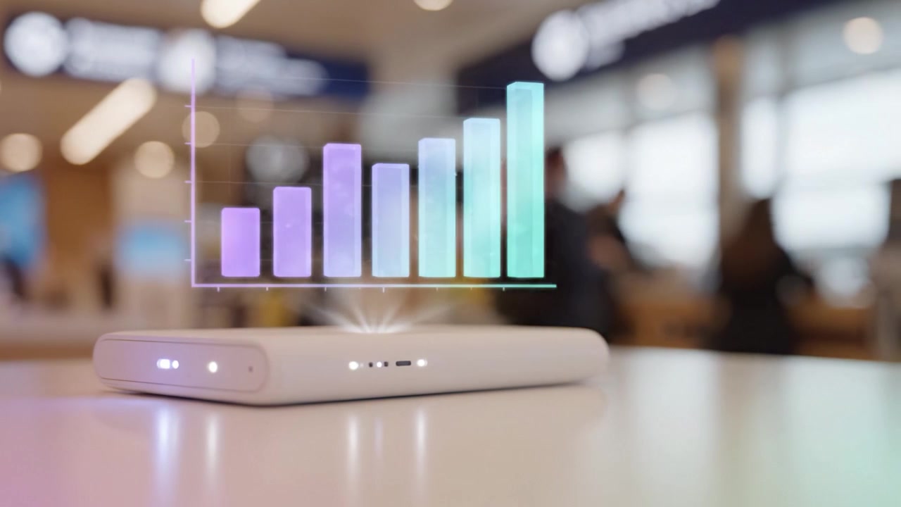 A sleek portable power bank displayed on a table with a glowing graph overlay, representing energy management and charging capabilities in a modern setting.