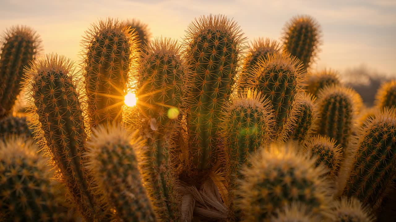 Passando attraverso una fessura, il sole basso proietta un controluce su cactus spinosi all'ora d'oro, bagliore dell'obiettivo