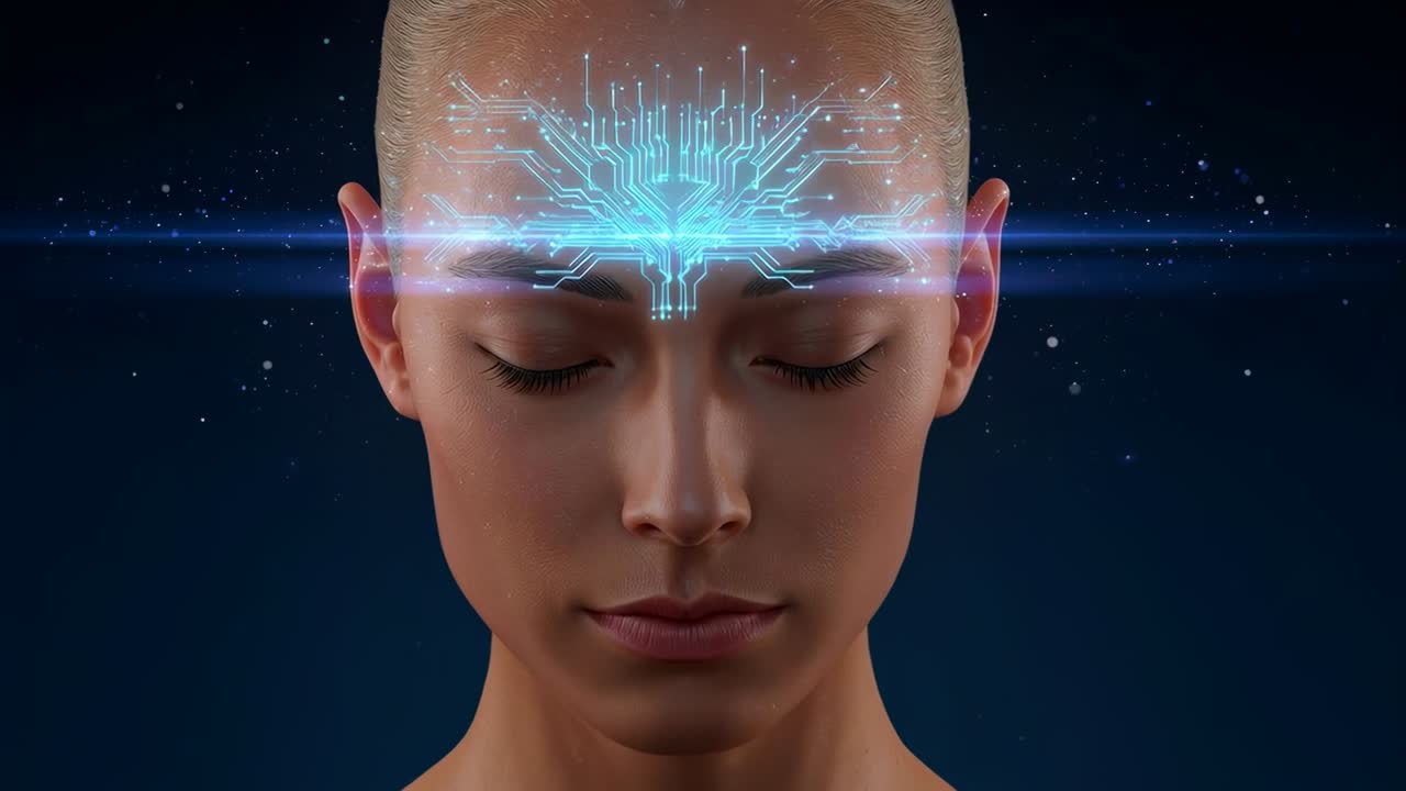 Animazione di un circuito ciano che si trasforma sulla fronte di una donna in studio, formando una forma d'onda al neon e un bagliore