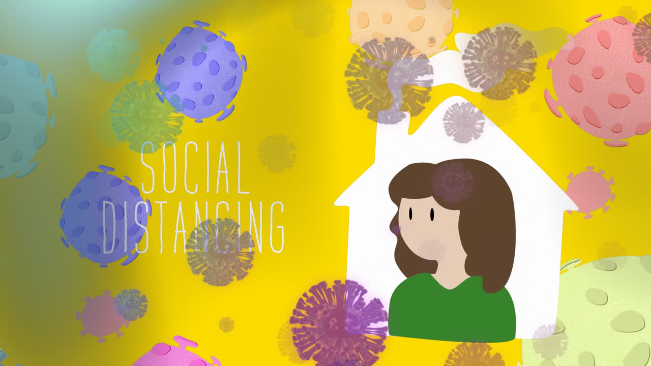 사회적 거리 두기 문자 및 코로나19 세포가 노란색 배경의 아이콘에서 가정에서 여성에 대해 떠다니고 있습니다.