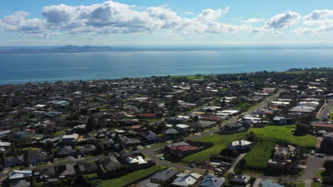 AERIAL-Orbital,-Coastal-Town-Of-Clifton-Springs-Australia-And-Corio-Bay