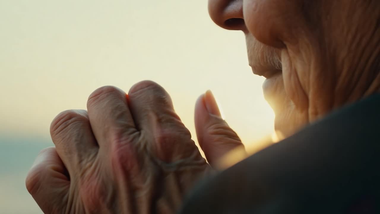 persona de edad avanzada en reflexión en oración al atardecer