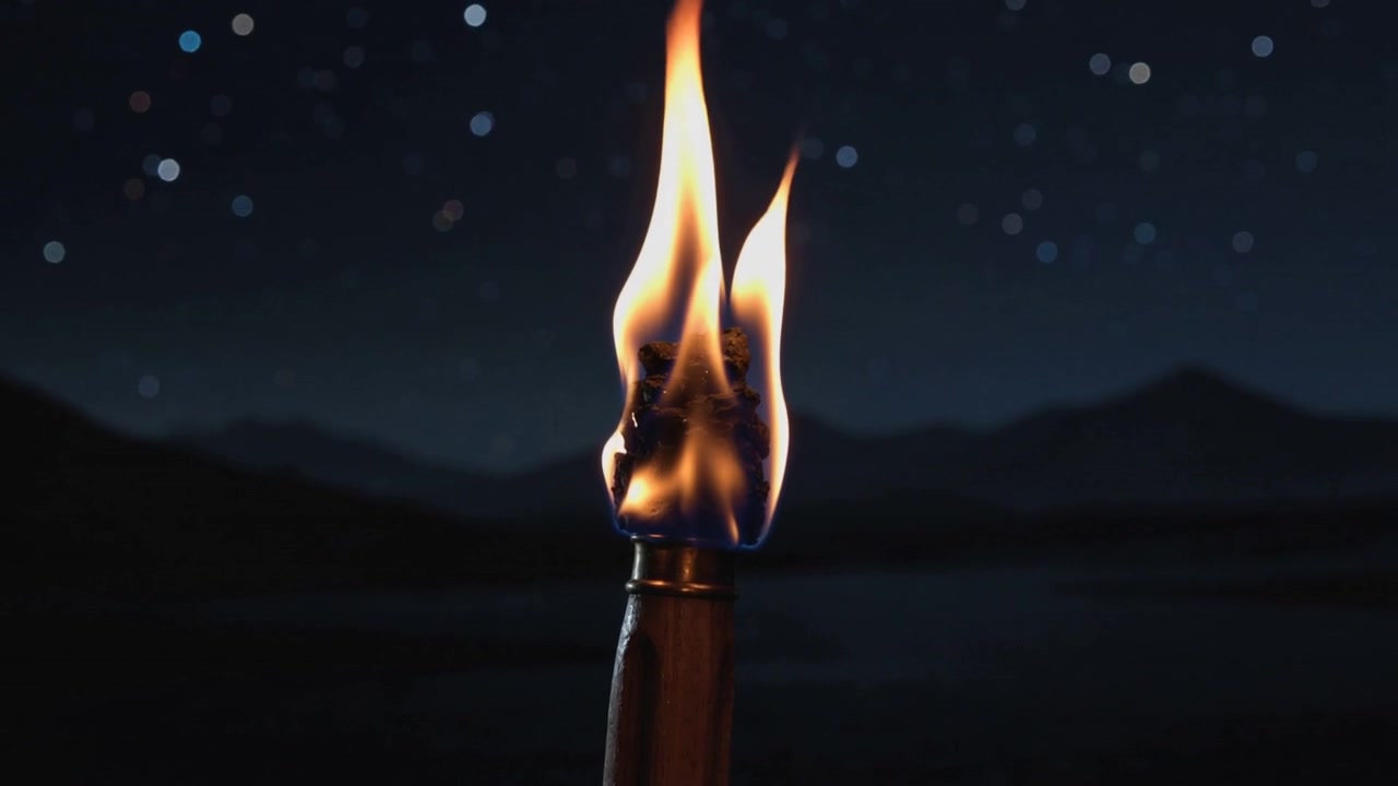 Holding torch, breeze causing flame growing, leaning, smoking over lake with mountains under stars