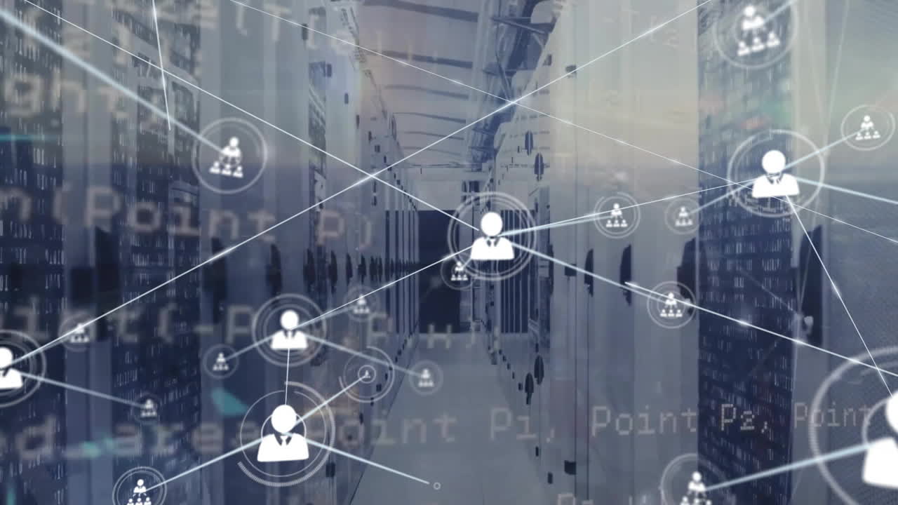 Animation of network of connections with icons and data processing over computer servers