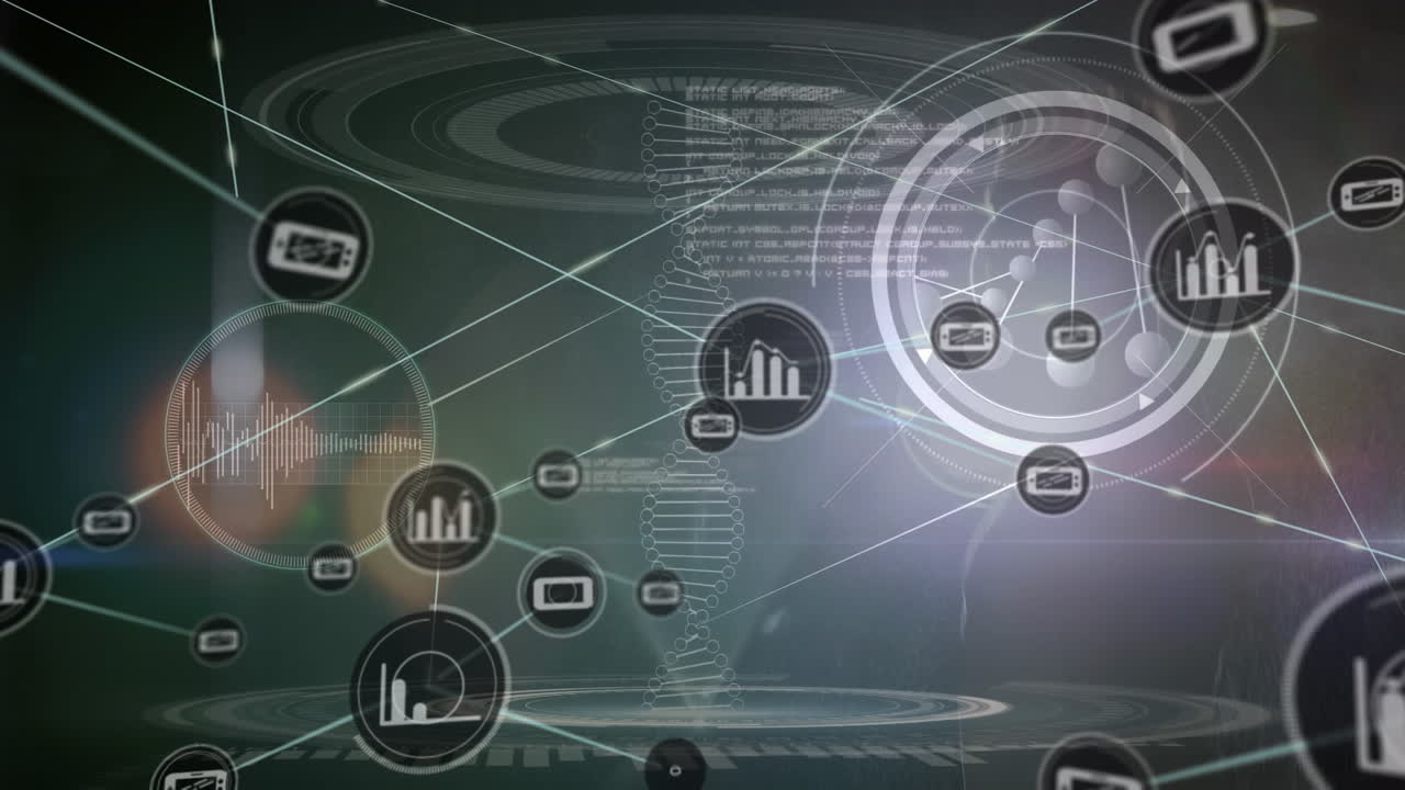 animación de la red de conexiones con iconos sobre el procesamiento de datos