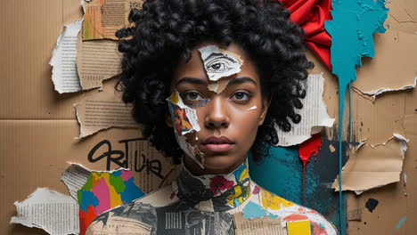 mixed media portrait of a woman with collage and paint