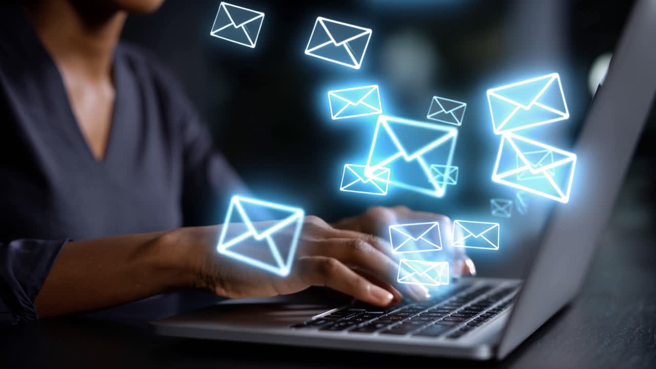 Comunicación digital: un enfoque en la interacción por correo electrónico a través de una computadora portátil por la noche, enfatizando la forma moderna de mantenerse conectado en la oscuridad.