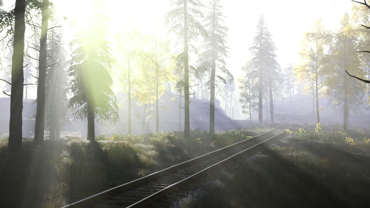 Sunlight filtering through trees beside winding railway tracks in serene forest