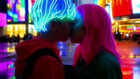 couple kissing in neon city