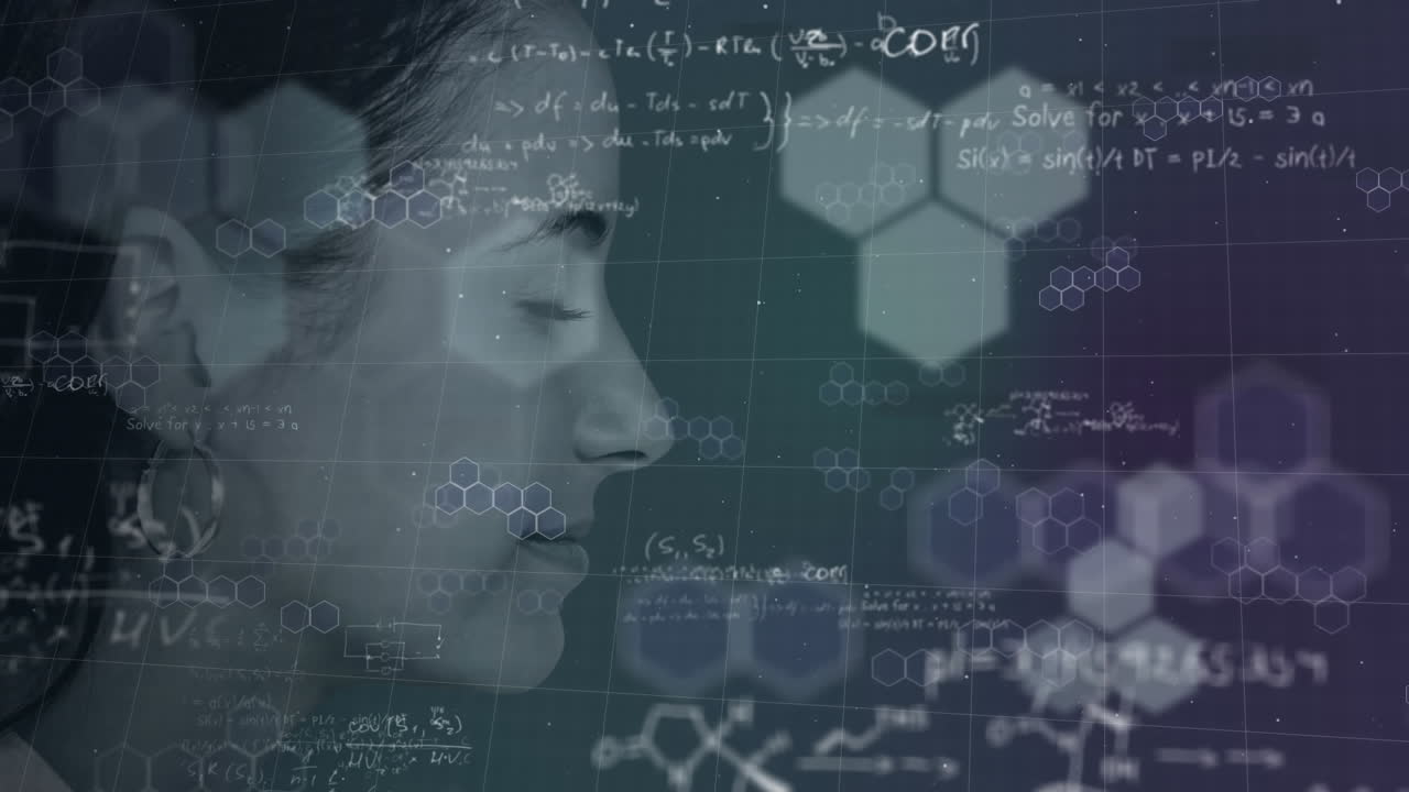 백인 여성 프로필의 애니메이션이 배경에서 데이터 처리를 하고 있습니다.