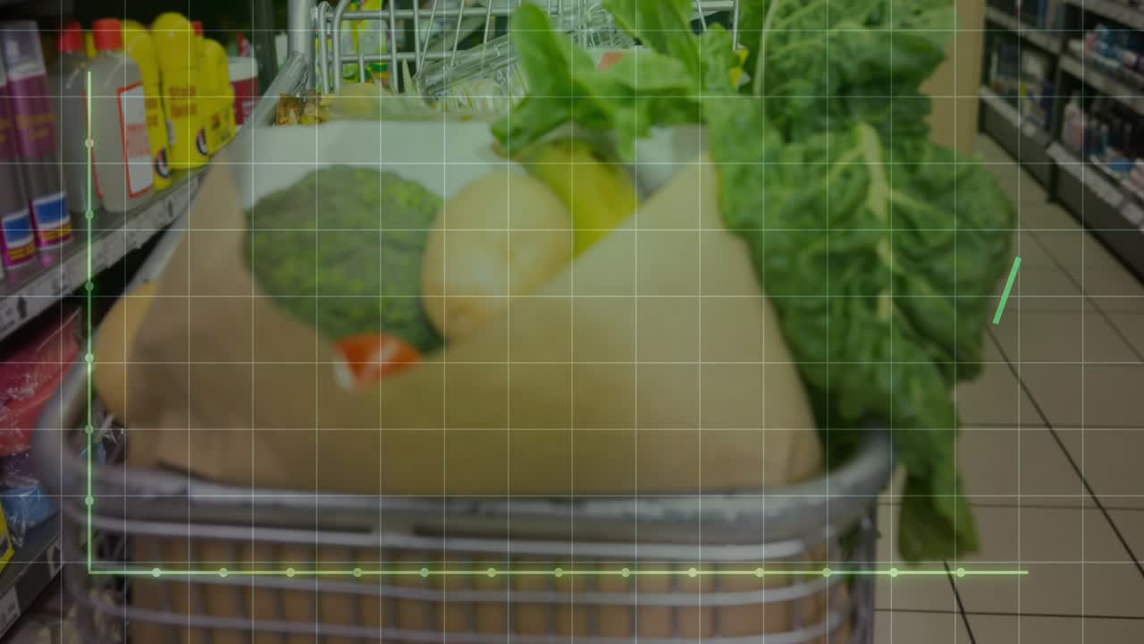 Grid starting neon curve tracing corner rising over melon waving over cart fading showing sales